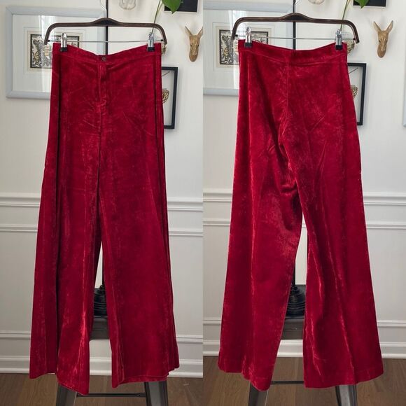 Vintage 70s Red Velveteen Extreme Wide Leg Palazzo Pants XS 2 4 - Picture 1 of 8